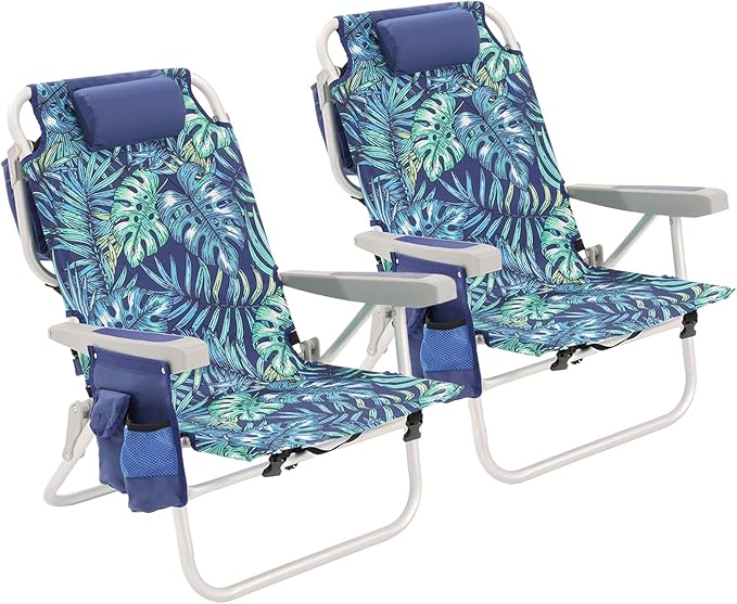 SUNNYFEEL Beach Chairs for Adults 2 Pack 5 Position Lay Flat, Portable Folding Backpack Beach Chair Heavy Duty with Cooler Bag, Cup Holder for Outdoor/Lawn/Picnic/Sand, Foldable Camping Chair