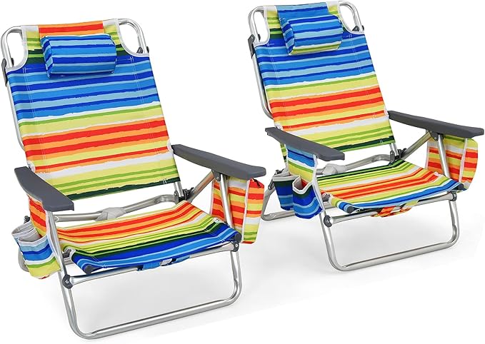 Goplus Beach Chair, Folding Backpack Beach Chairs for Adults with 5 Positions, Head Pillow, Cooler Bag, Towel Bar, Cup Holders, Sunbath Sling Tanning Lounge, Foldable Layout Camping Chairs