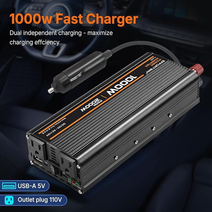 1000W Power Inverter, Inverter 12V to 110V with 2 AC Outlets, 2.1A USB Port, Car Power Inverter with Alligator Battery Clamp for Phone, Laptop on Camping, Road Trip
