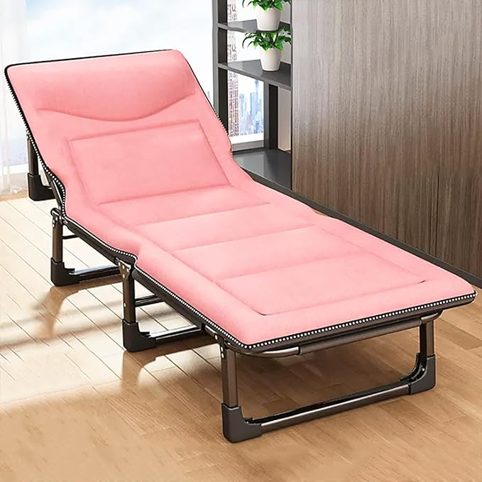 Folding Bed Foldable Bed, Camp Beds for Adults with Cushion and Pillow, Outdoor Portable Folding Lounge Chair Sleeping Cots Bed with 4 Gears Adjustable, Portable Sleeping Cot for Beach Travel(Pink,190