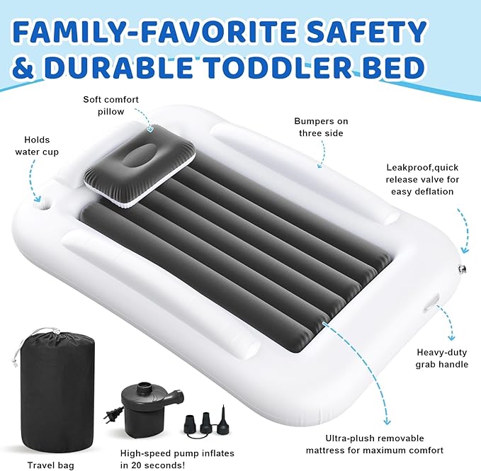 Inflatable Toddler Travel Bed - 60 Inches Portable Toddler Bed for Travel with Safety Sides - Cozy Kids Air Mattress Set with High-Speed Pump & Carry Case - Lightweight & Easy to Inflate -Grey