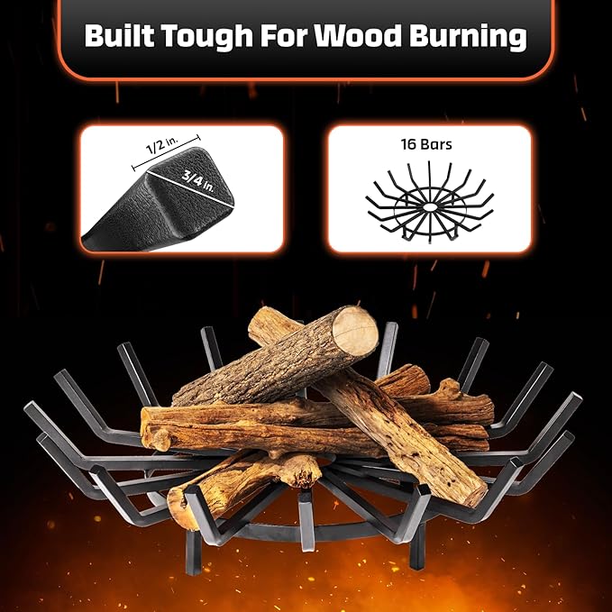 Idzo 27in Fire Grate Log Grate Wrought Iron Fire Pit Round Spider Wagon Wheel Firewood Heavy Duty Bar Fireplace Stove Burning Rack Holder 4Legs Black