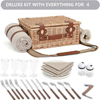 Picnic Basket with Blanket and Wine Pouch for 4, Wicker Picnic Set with Insulated Liner Cooler Bag Hamper for Camping,Wedding - Natural