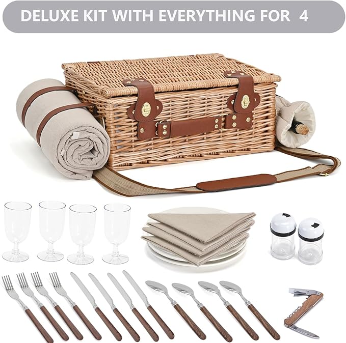 Picnic Basket with Blanket and Wine Pouch for 4, Wicker Picnic Set with Insulated Liner Cooler Bag Hamper for Camping,Wedding - Natural
