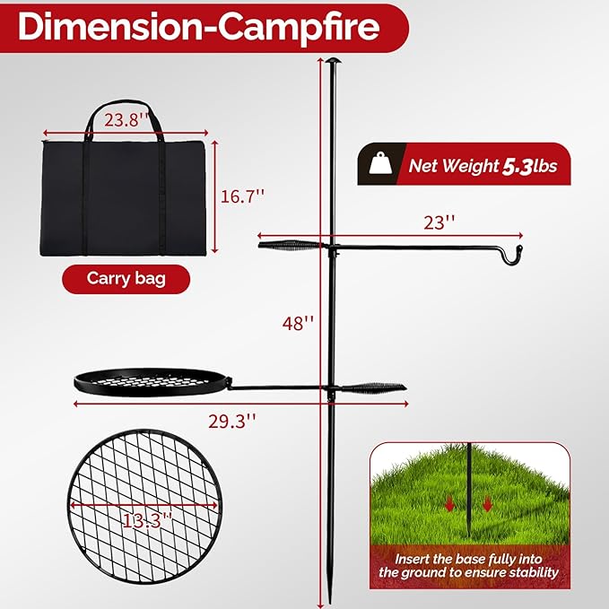 VINGLI Swivel Camping Firepit Grill, Foldable Campfire Steel Grate w/Griddle & Storage Bag, 360° Adjustable, Open Fire Outdoor Cooking Equipment, Parties, Activities, Families Use 30'' x 13'' x 48''