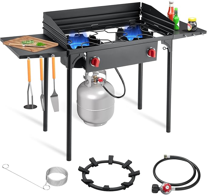 SKOK 2 Burners Portable Propane Stove with Wind Panel & Side Shelves,Portable Camping Stove with High Efficiency Propane Burner,Outdoor Stove for Camping, Backyard, Picnic