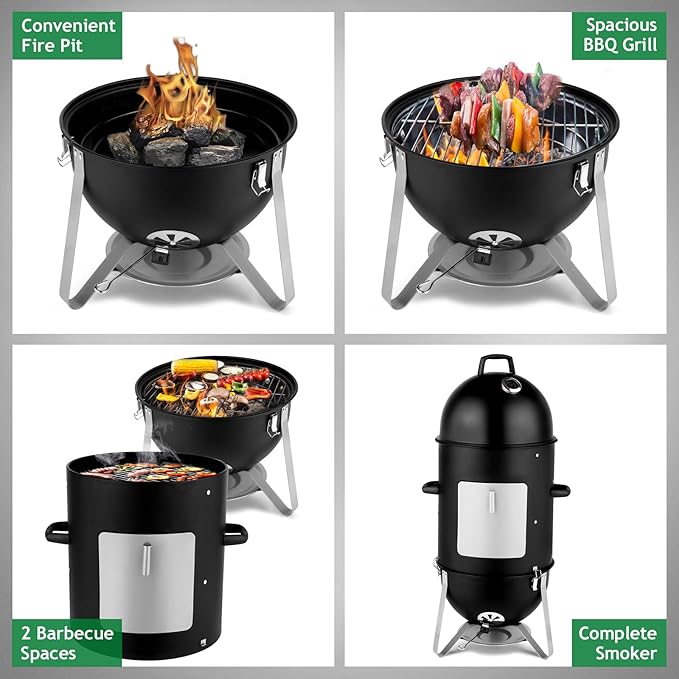 Outvita Vertical 18.8 Inch Steel Charcoal Smoker, Heavy Duty 3-in-1 Portable Outdoor Grill Cooker with Built-in Thermometer for Outdoor Backyard Cooking Grilling Camping