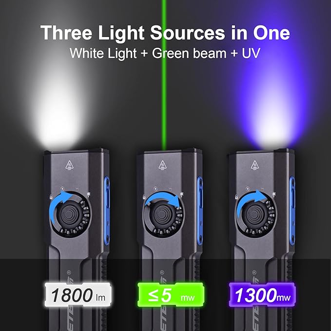 JETBeam E26 EDC Flashlight 1800 Lumens USB C Rechargeable with Green Beam,UV and White LED Combo,Portable Pocket Lights Triple Sources for Outdoors Emergency Working,Pet Urine,Stain Detecton