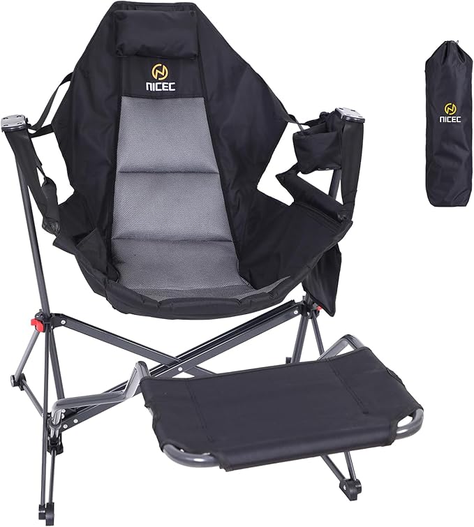 Nice C Hammock Camping Chair with Footreat, Swinging Camping Chair Rocker, High Back Chairs with Stand, Cup Holder, Side Pocket, Heavy Duty (1 Pack, Black)