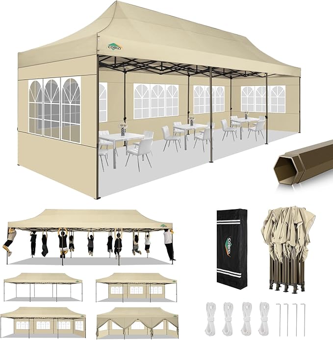 COBIZI 10x30 Pop Up Canopy Heavy Duty with 8 Removable Sidewalls, Commercial Portable Tents for Parties Ez Up Canopy All-Weather Windproof & Waterproof UPF 80+ Wedding Tent