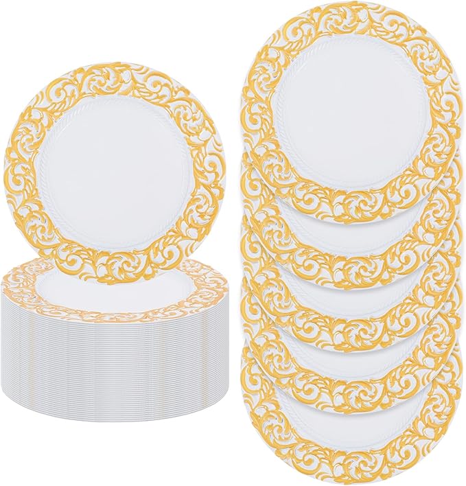 50 Pcs White and Gold Charger Plates Bulk, 13" Round Dinner Charger Plates with Gold Flora Embossed, Decorative Table Plastic Chargers for Christmas, Wedding, Party, Event Decorations