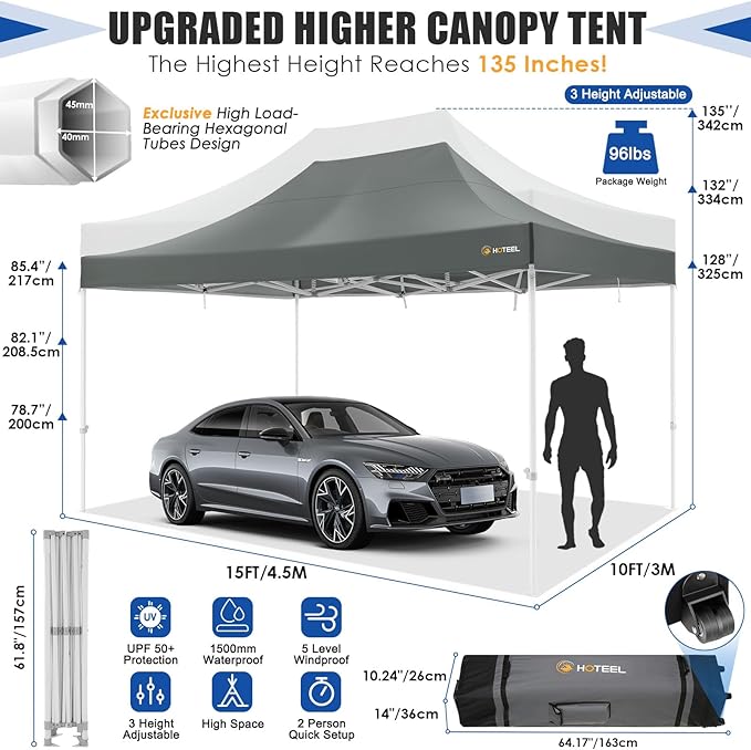 HOTEEL 10x15 Heavy Duty Pop Up Canopy Tent for Parties Event Wedding Commercial Canopy Instant Portable Folding Tent with Roller Bag, Waterproof UV Resistant, Upgraded Thick Hexagonal Legs, Gray