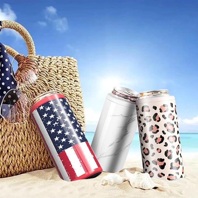 TILUCK Skinny Can Cooler for Slim Beer & Hard Seltzer, Stainless Steel, Doucle-Walled Stainless Steel Insulated Slim Cans, Standard 12 oz (U.S. Flag-NEW)