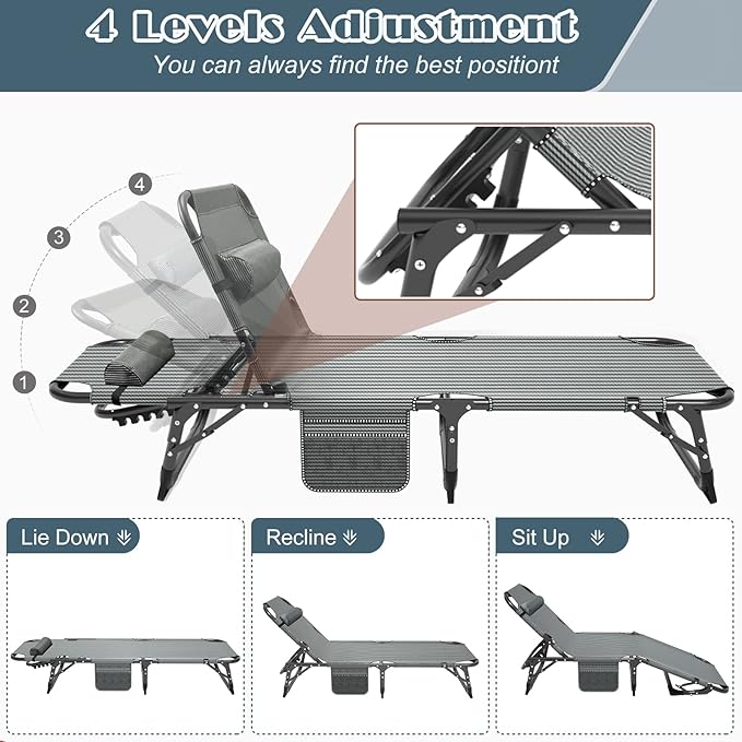 DoCred Heavy Duty Chaise Lounge Chair, Adjustable 5-Position Folding Chaise Lounge Chairs for Outside, Portable Lay Flat Beach Lounge Chair for Outdoor Sunbathing Beach Pool Lawn Camping