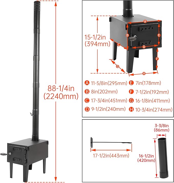 KUAFU Wood Burning Stove Tent Camping Stove for Outdoor Cooking Fishing Hiking Travel Portable Heater with Storable Chimney Pipes Mini Wood Stove