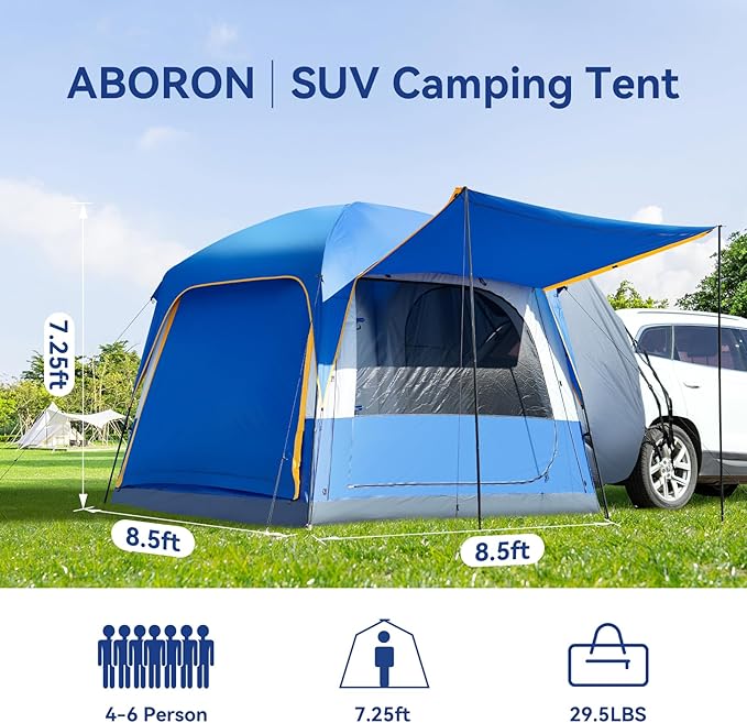 ABORON SUV Tent, 4/6 Person Waterproof SUV Camping Tent, Easy Setup Car Tent with Rainfly & Awning for Family Outdoor Adventures