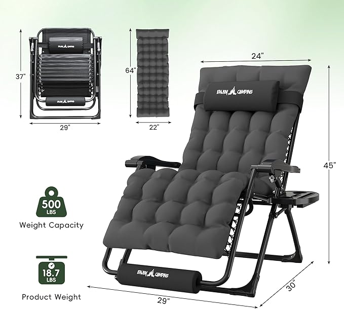 Amopatio Oversized Zero Gravity Chair, 29in Reclining Camping Lounge Chair Upgraded Lock and Footrest, Folding Patio Recliner with Cup Holder, Removable Cushion & Headrest