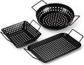 3 Pack Grill Topper Pans for Outdoor Grill, Stainless Steel Vegetables BBQ Grilling Basket with Holes Handles, Nonstick Barbecue Pan Grilling Gifts for Camping Picnic Cooking Seafood Meat