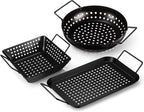 3 Pack Grill Topper Pans for Outdoor Grill, Stainless Steel Vegetables BBQ Grilling Basket with Holes Handles, Nonstick Barbecue Pan Grilling Gifts for Camping Picnic Cooking Seafood Meat