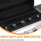 4 Burner Gas Grills Outdoor Cooking Propane Gas Grill BBQ Grill Portable Barbecue Grills with Cast Iron Grate, Pan and Folding Side Table 40000 BTU Output Easy-Clean