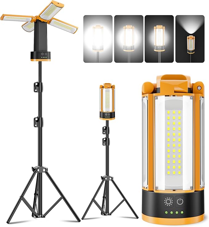 CORESLUX Rechargeable Camping Lights with Stand, 6000K Portable Work Light with 4 LED Lamp Heads, Magnetic Work Light Camping Essentials Emergency Flashlight with Detachable Tripod Tool Gifts for Men