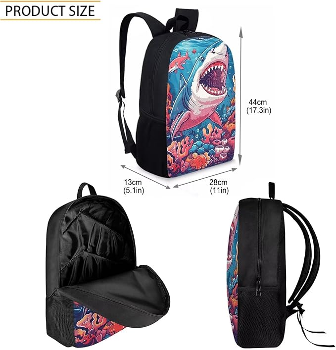 3PCS Cartoon Seaweed Shark Backpack for Boys 17 Inch Large Capacity Boys Bookbag 10-12 Years Old Lightweight Teens School Bag with Lunch Bag for School Travel Hiking Daypack
