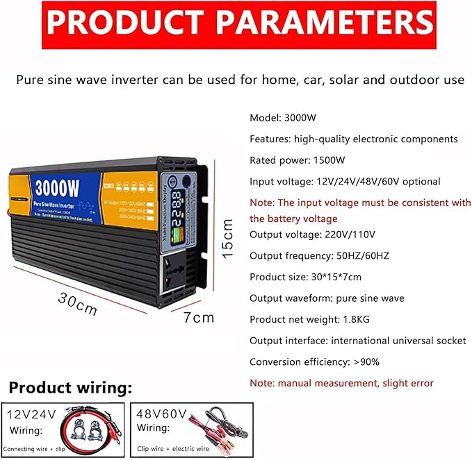 Pure Sine Wave Inverter 3000W 4000W 5000W Peak 12V 24V 48V 60V 72V DC to 110V 220V 230V 240V AC Power Solar Inverter Converter, for Off-Grid, RV, Truck, Boat, Camping, and Home(3000W,72Vto220V)