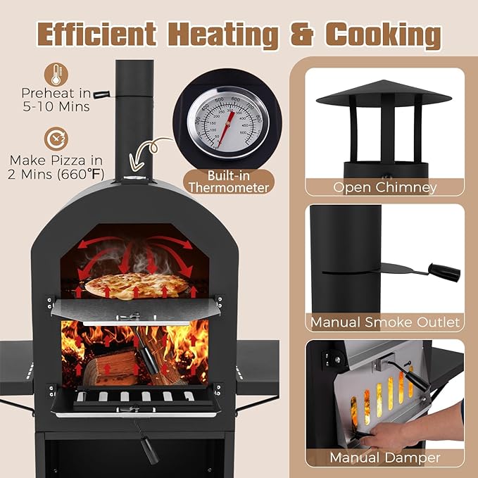 HAPPYGRILL Outdoor Wood Fired Pizza Oven w/Firewood Storage, Side Shelves, Patio Pizza Maker wi/Pizza Stone & Peel, 2 Cooking Grills & Thermometer, Portable Pizza Stove for Backyard Party Camping