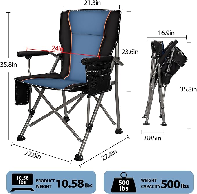 Heated Camping Chair with 20,000 mAh Battery, Loog-Lasting for 500 Mins, Fully Padded Heated Camp Chairs, Heavy Duty Folding Chairs Supports 500 lbs for Winter Camping, Picnics, Tailgating, RV Travel