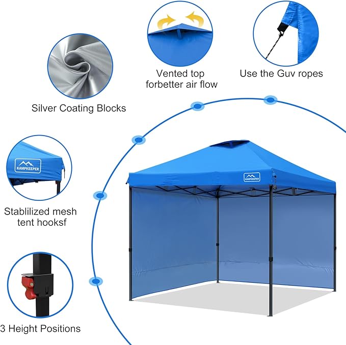 KAMPKEEPER 10x10 Pop-Up Canopy Tent, Waterproof, Portable Shade with Side Walls, Adjustable Instant Outdoor Shelter for Camping, Backyard, and Events, Blue