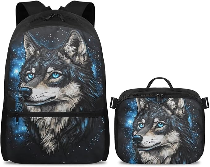 Wolf Bookbag for Men Galaxy Backpack with Lunch Box Large Capacity School Bag for College 17 Inches Book Bag with Adjustable Shoulder Strap for Travel