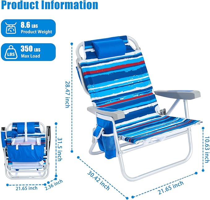 SUNNYFEEL Beach Chairs for Adults 2 Pack 5 Position Lay Flat, Portable Folding Backpack Beach Chair Heavy Duty with Cooler Bag, Cup Holder for Outdoor/Lawn/Picnic, Foldable Camping Chair