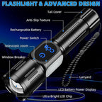 Rechargeable LED Flashlight, Super Bright 99000 High Lumens Flash Light, 9 Modes Zoomable Flashlight with LCD Display, Waterproof Tactical Flashlights for Camping, Home Emergency