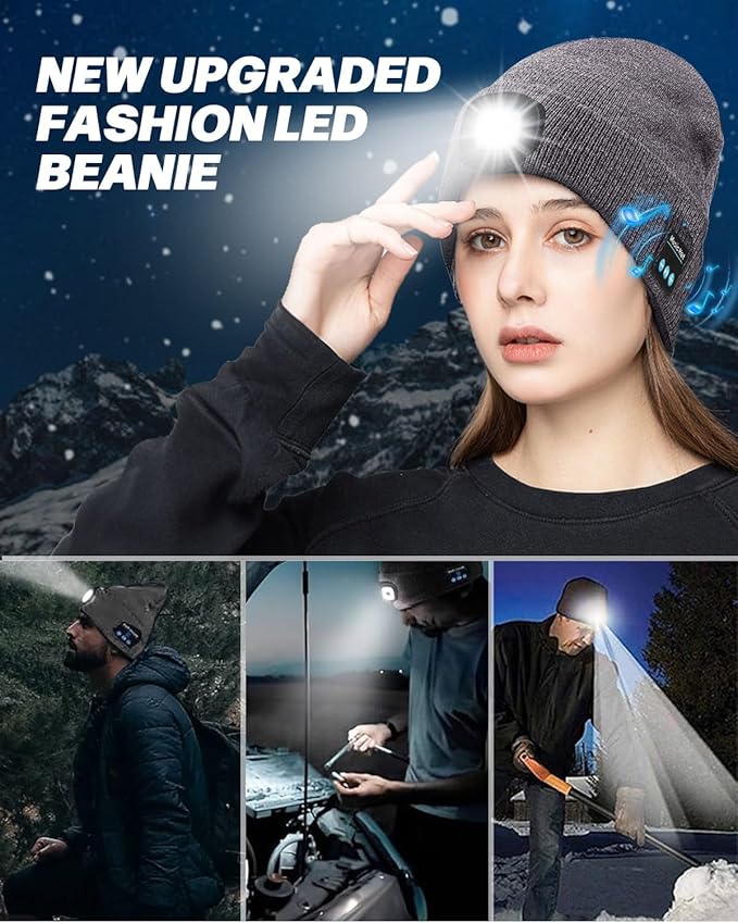 Bluetooth Beanie with Light, USB Rechargeable LED Headlamp Winter Hat, Men Women Valentine's Day Gifts