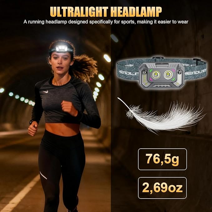 LED Headlamp Lightweight with Red Light Motion Sensor, 5 Modes USB-C Rechargeable, 6-Hour Runtime, Waterproof Headlight for Camping, Running, Fishing, Work, and Emergencies, 5 Pack