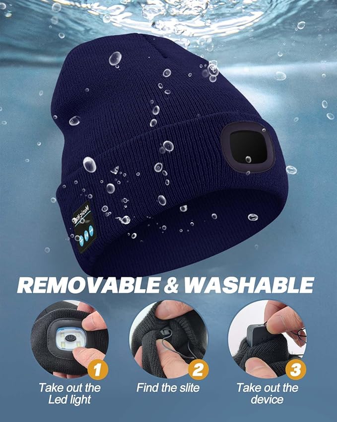 Bluetooth Beanie with Light, USB Rechargeable LED Headlamp Winter Hat, Men Women Valentine's Day Gifts