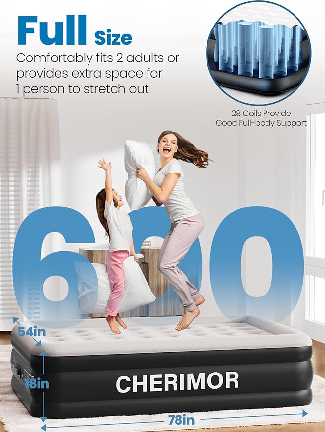 Full Size Air Mattress with Built-in Pump, 18" Raised Comfort, 48Hr Leak-Proof Test, Upgraded Honeycomb Pillar Design, Supports 600 lbs, 2.5-Min Inflation for Home Guest Room Camping