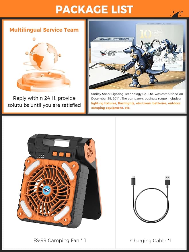 Smiling Shark Camping Fan with LED Lantern, USB Rechargeable Solar Camp Fan with 4 Speeds Powerful Wind & 3 Timer 90° Foldable Cordless Portable Tent Fan for Camping Fishing Hiking