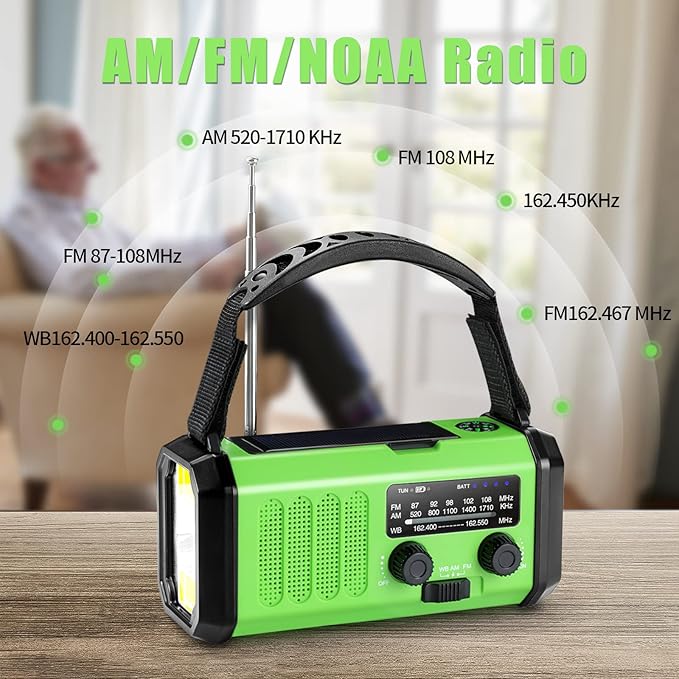 Emergency Radio with Solar/Hand Crank/USB Charging, 10000mAh Rechargeable Battery,NOAA/AM/FM Weather Radio with Multi-Function Flashlight and Cell Phone Charger for Indoor/Outdoor Emergencies