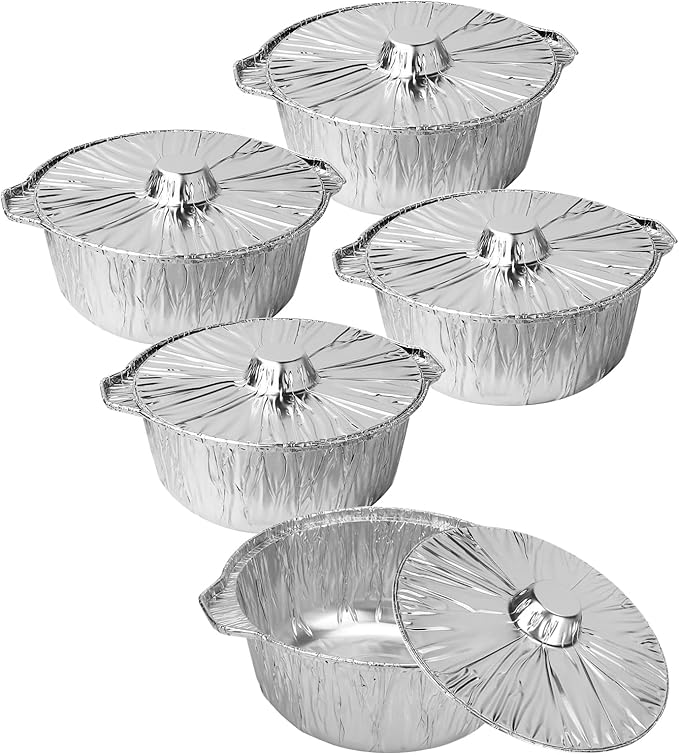 72 Oz Disposable Aluminum Pot, Disposable Pots With Lids Oven-Ready, Aluminum Pot Stove Compatible Baking Foil Pan Tinfoil Camping Pot Camping Heating Cooking 5 PCS