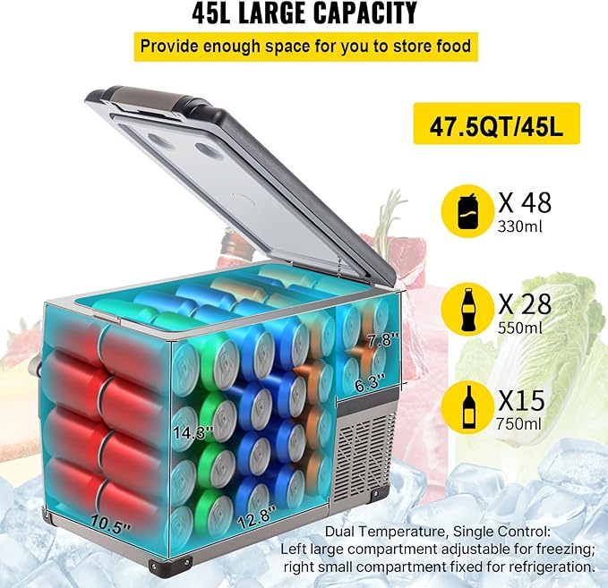 VEVOR 12 Volt Refrigerator, 48 Quart (45L) Fast Cooling Portable Freezer with App Control (-4℉~68℉), Car Fridge with 12/24v DC & 110-240v AC for Travel, Truck, Camping and Home Use, Black