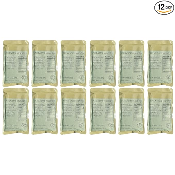 MRE (Meal-Ready-to-Eat) | Single Serving Entree | Emergency Meals | Survival Food | Fresh Dates | Long Shelf Life | Made in USA (12-Pack, Mexican Chicken Stew)