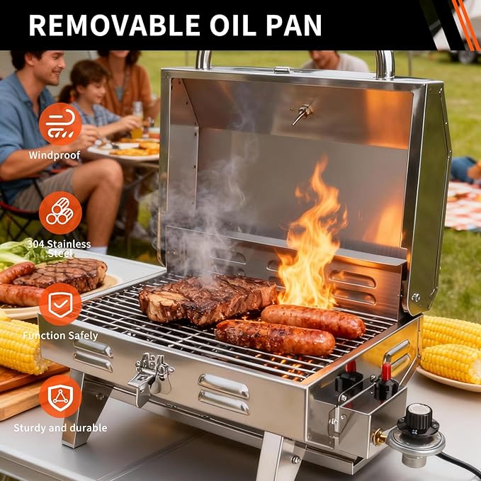Boat Grill, 304 Stainless Steel Marine Grills w/Rod Holder Mount, Portable Propane BBQ for Boats & Tailgating & Camping, Built in Thermometer (Grill)