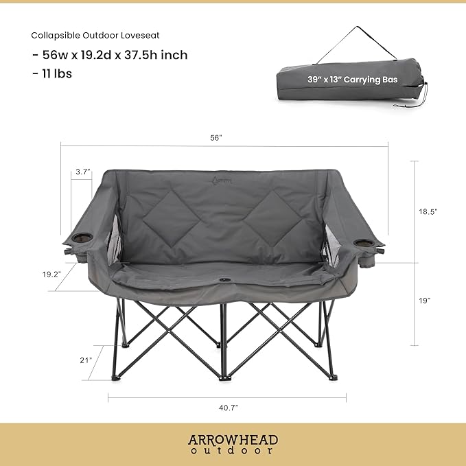 ARROWHEAD OUTDOOR Portable Folding Double Duo Camping Chair Loveseat w/ 2 Cup & Wine Glass Holder, Carrying Bag, Supports up to 500lbs