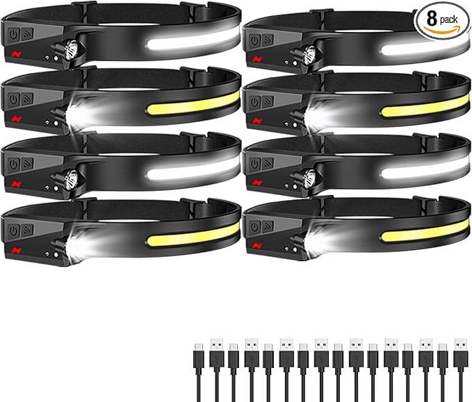 Headlamp Rechargeable 8 Pack, LED Headlight Flashlight Super Bright with 230° Wide Beam, 5 Modes Waterproof Head Lamp for Outdoor Hiking Running Camping