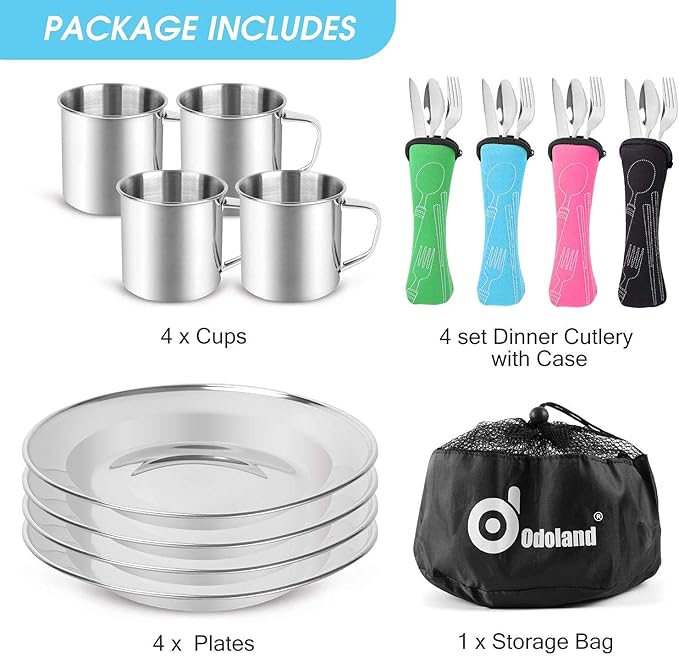 Odoland Bundle – 2 Items 12pcs Camping Cookware Mess Kit with Mini Stove and 25pcs Stainless Steel Utensils Camping Tableware Kit for Backpacking, Outdoor Camping Hiking and Picnic
