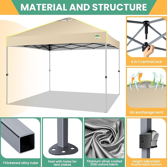 COBIZI 10x10 Pop Up Canopy Tent, Outdoor Party Tent Without Sidewall One Push Setup Glow, 3 Adjustable Height Air Vent Waterproof UPF50+, Bag, 4 Sandbag, 8 Stake, 4 Rope for Beach, Commercial