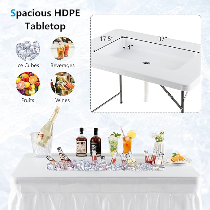Giantex 4 FT Folding Ice Cooler Table for Parties with Drain, No Assembly Ice Bin Table with Removable Matching Skit, Portable Fill and Chill Table for Cooling Food Beverage, Picnic, BBQ, Tailgating