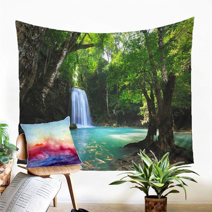Forest Waterfall Tapestry Wall Hanging Sandy Beach Picnic Rug Camping Tent Sleeping Pad Home Decor Bedspread Sheet Wall Cloth (60x51inch,8)