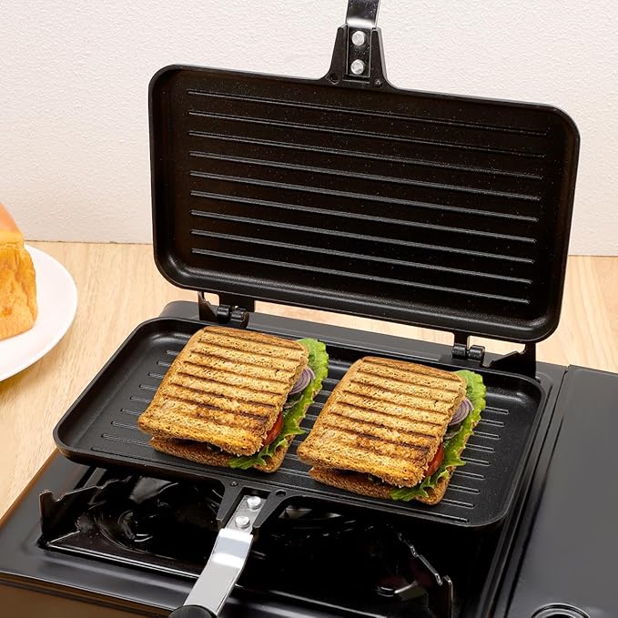 VOSAREA Sandwich Maker Grilled Sandwich Maker Pan Non-Stick Hot with Long Handle Double Sided Frying Pan Stovetop Toasted for Home Kitchen Breakfast Camping (Black)